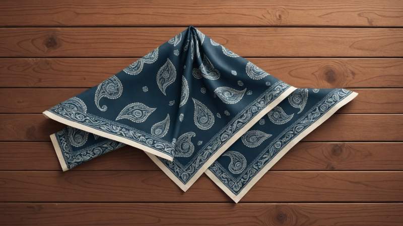 A neatly folded paisley bandana with eucalyptus leaves on a wooden surface symbolizing Bandana Day in Australia.