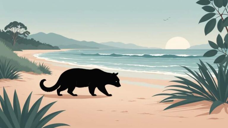 Minimalist illustration of eucalyptus leaves, a Tasmanian devil silhouette, and ocean waves symbolizing a restful day in Tasmania, Australia.