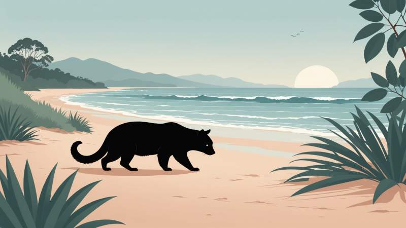 Minimalist illustration of eucalyptus leaves, a Tasmanian devil silhouette, and ocean waves symbolizing a restful day in Tasmania, Australia.