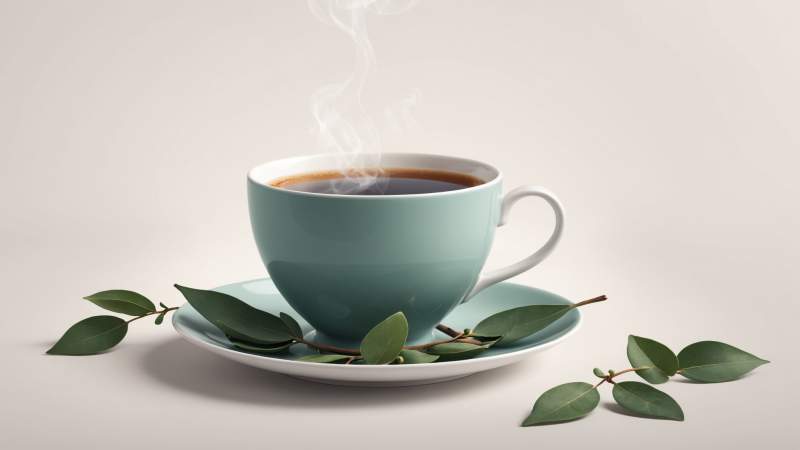 A steaming teacup with loose tea leaves and a eucalyptus branch symbolizing tea day in Australia.