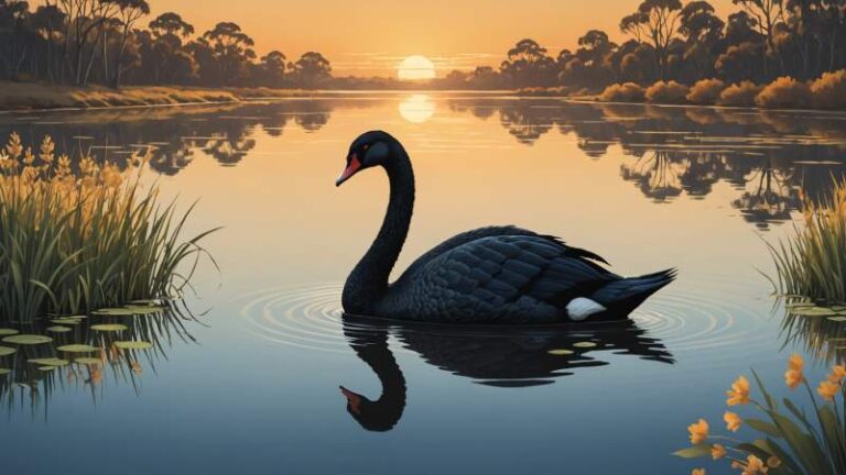 An elegant vector illustration of a black swan on calm water with native wildflowers and eucalyptus leaves symbolizing Western Australia.