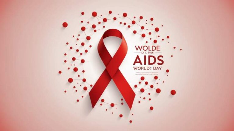 A red ribbon symbolizing World AIDS Day with abstract geometric shapes representing cells and viruses on a soft gradient background.