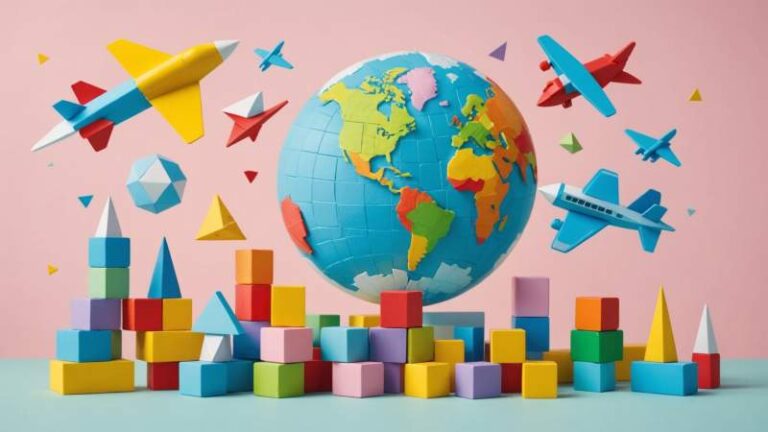Colorful children's toys and a small globe arranged symbolically against a soft pastel background representing World Children's Day in Australia.