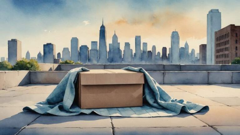 A symbolic illustration showing a cardboard box and blanket on an urban pavement with a city skyline in the background, representing youth homelessness awareness in Australia.
