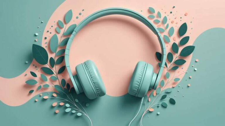 Minimalist illustration of headphones emitting gentle sound waves with abstract pastel shapes and a eucalyptus leaf symbolizing ASMR in Australia.