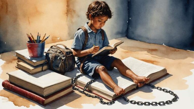 A symbolic illustration showing a broken chain and a child's hand silhouette next to a school book and pencil, representing the fight against child labor in Australia.