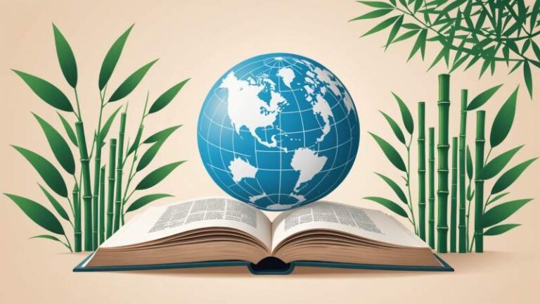 An abstract illustration of an open book with Chinese brush strokes, bamboo leaves, and a globe symbolizing the UN, representing Chinese Language Day in Australia.