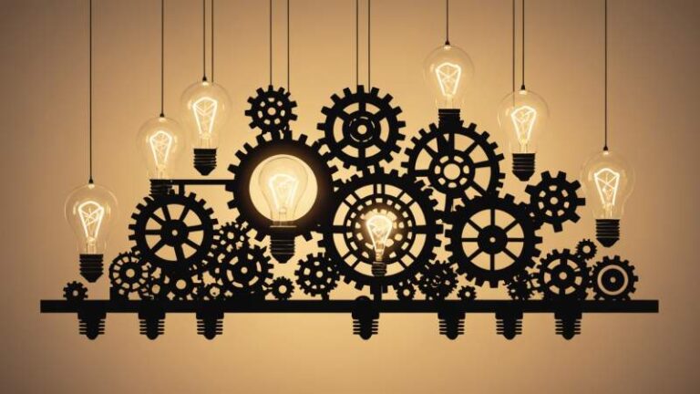 Minimalist illustration of lightbulbs and gears symbolizing creativity and innovation for World Creativity and Innovation Day in Australia.