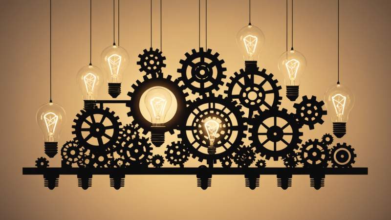 Minimalist illustration of lightbulbs and gears symbolizing creativity and innovation for World Creativity and Innovation Day in Australia.