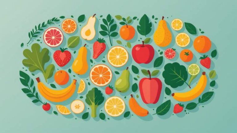 Illustration of stylized digestive system icons with fresh fruits and leafy greens representing digestive health in Australia.