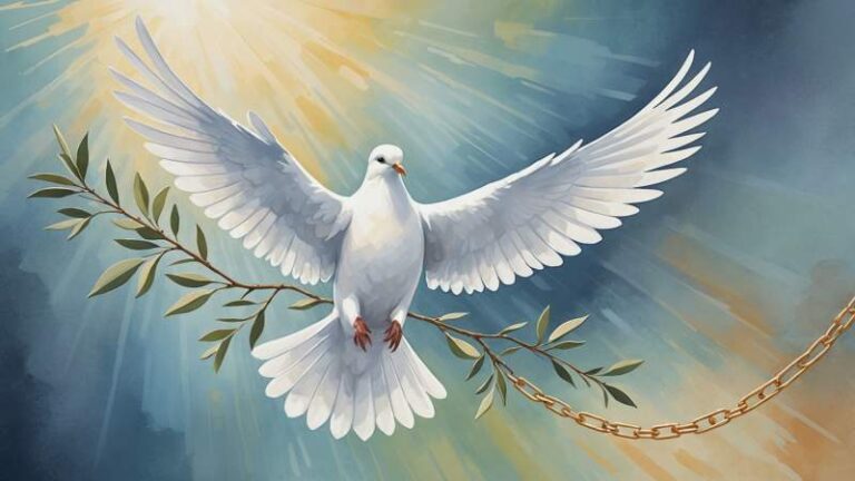 A soft gouache illustration of a white dove carrying an olive branch symbolizing peace and innocence for International Day of Innocent Children Victims of Aggression in Australia.