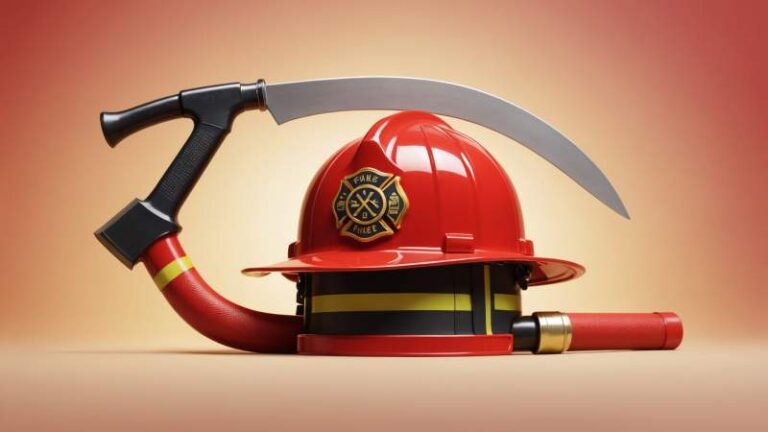 A minimalist illustration of a red firefighter helmet with crossed axe and fire hose symbolizing firefighting in Australia.