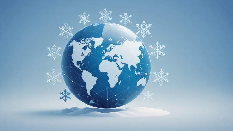Stylized blue globe with snowflakes and icy geometric shapes representing global cooling day in Australia