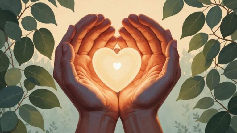 Delicate hands gently holding a glowing heart-shaped light surrounded by eucalyptus leaves symbolizing care for elderly people in Australia.