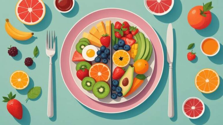 A symbolic illustration of a fork and knife crossed over a plate with various foods representing International No Diet Day in Australia.