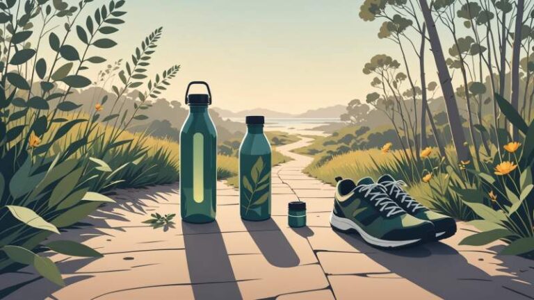 Illustration of a winding path with eucalyptus leaves and walking shoes symbolizing a peaceful walk in Australia