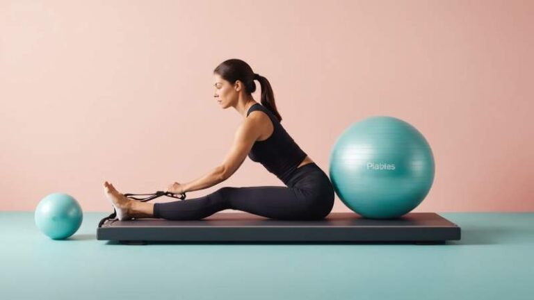 Minimalist illustration of Pilates equipment including reformer, exercise ball, and resistance bands symbolizing International Pilates Day in Australia.