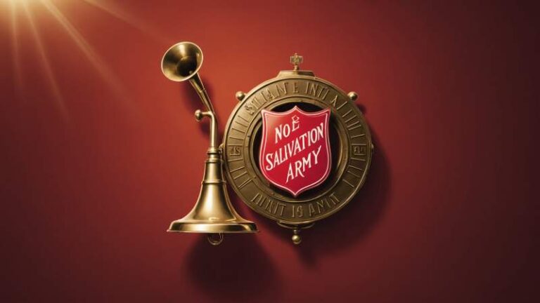 Illustration of Salvation Army symbols including a brass instrument, red shield, and vintage bell representing the founder's day in Australia.
