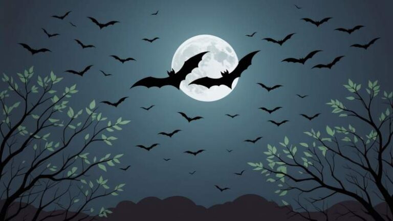 Stylized bats flying at night with eucalyptus leaves and a crescent moon symbolizing Australian wildlife.