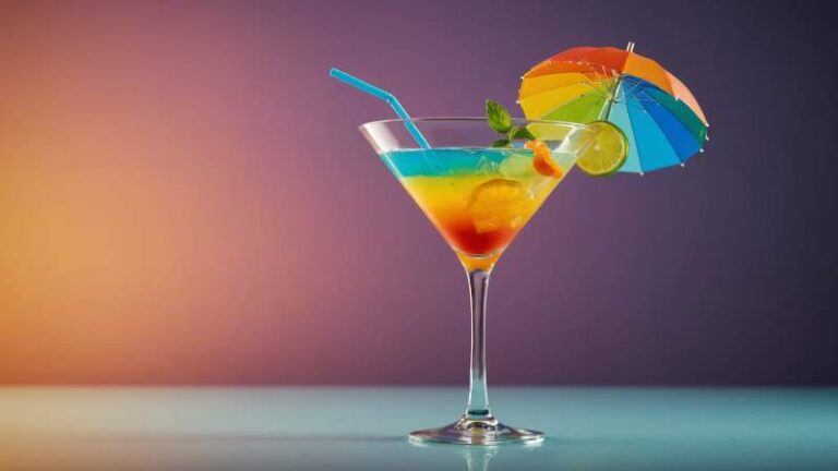 An elegant vector illustration of a colorful cocktail glass with a small umbrella and citrus garnish, floating ice cubes, and stirrers, symbolizing World Cocktail Day in Australia.