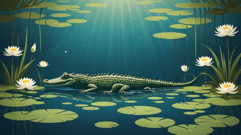 An elegant vector illustration of a stylized crocodile among water lilies and rippling water, symbolizing World Crocodile Day in Australia.