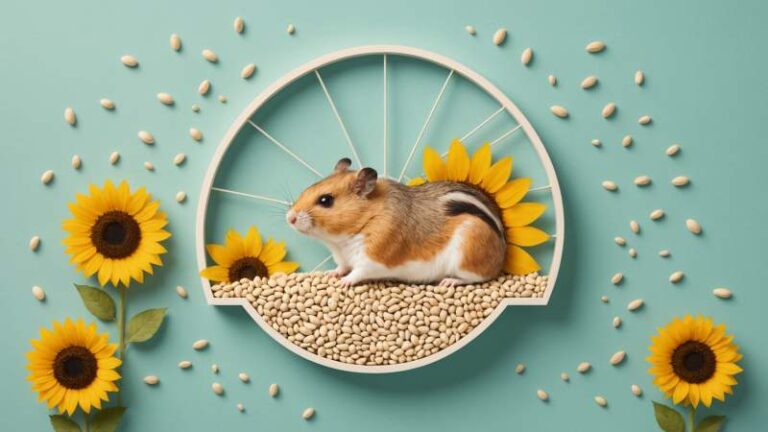 Minimalist illustration of a hamster wheel and seeds symbolizing World Hamster Day in Australia.