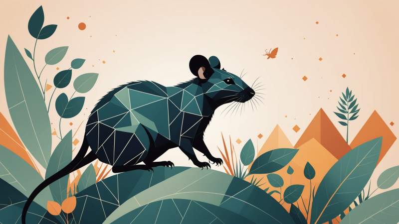 A minimalist vector illustration of a stylized rat with abstract shapes and eucalyptus leaves symbolizing World Rat Day in Australia.