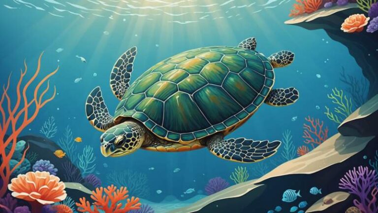 A minimalist illustration of a turtle shell with ocean waves and seaweed symbolizing World Turtle Day in Australia.