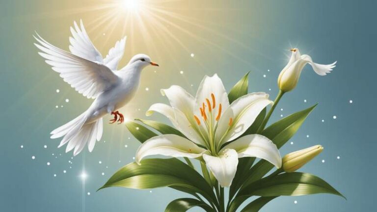 An elegant vector illustration of a lily and a glowing dove symbolizing the Annunciation in a soft backlit composition