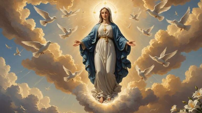 A symbolic illustration showing a floating lily, an ascending dove, and soft clouds representing the Assumption of the Virgin Mary in Australia.