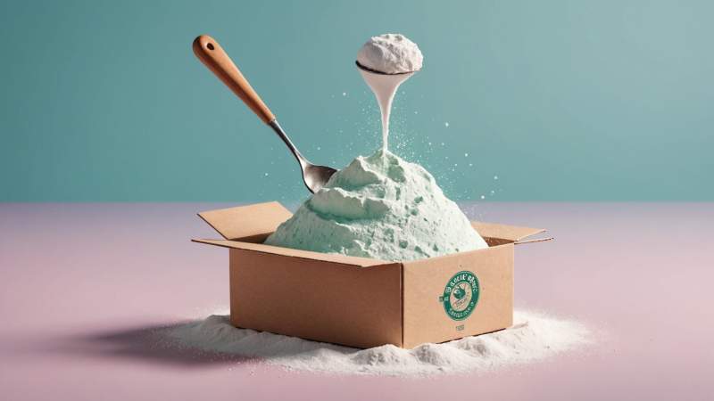 Minimalist illustration of an open baking soda box with powder and kitchen utensils symbolizing baking soda day in Australia.