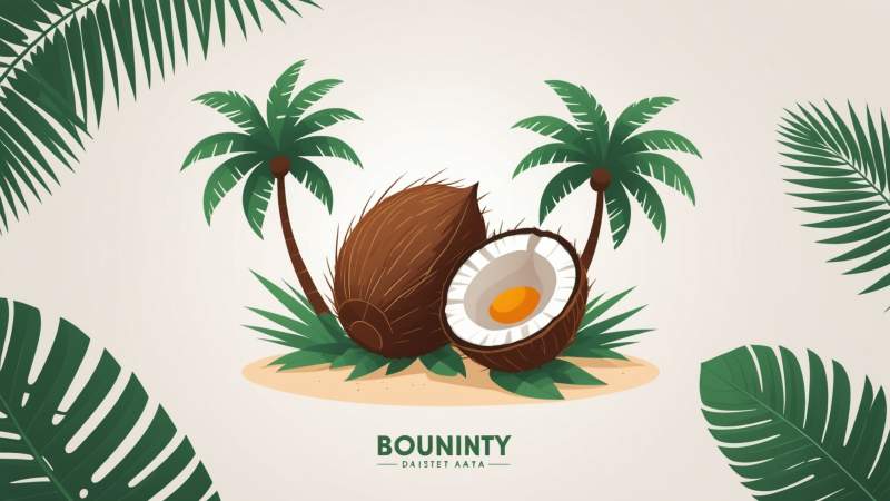 A minimalist vector illustration of a coconut and palm leaves representing Bounty Day in Australia.
