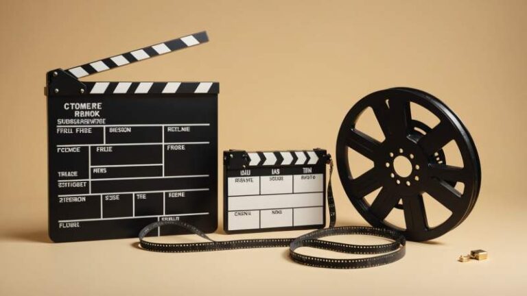 Minimalist illustration of vintage film reel, clapperboard, and film strip symbolizing International Cinema Day in Australia.