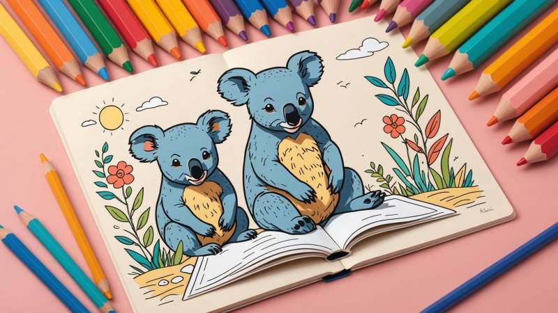 An open coloring book with Australian animal line drawings and colored pencils on a pastel background symbolizing creativity in Australia.