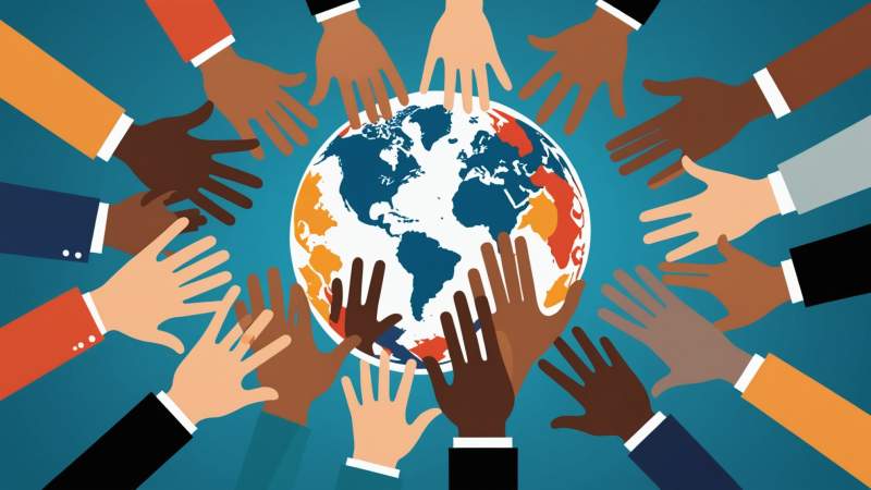 An elegant vector illustration showing interlocking hands of different skin tones and abstract globe shapes symbolizing cultural diversity and dialogue in Australia.