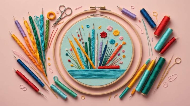 Minimalist illustration of embroidery tools including needles, threads, and a hoop symbolizing International Embroidery Day in Australia.