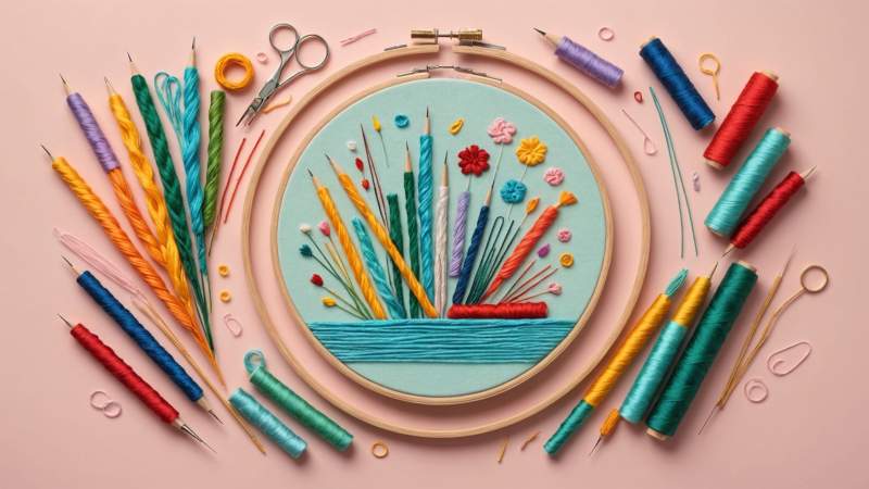 Minimalist illustration of embroidery tools including needles, threads, and a hoop symbolizing International Embroidery Day in Australia.