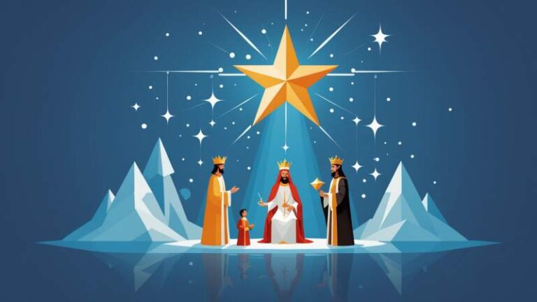 Minimalist illustration of a shining star above three geometric shapes symbolizing the Magi's gifts with water droplets representing baptism, set against a soft blue background.