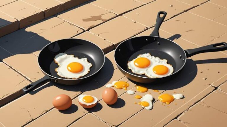 Close-up illustration of eggs frying on a hot Australian sidewalk under warm sunlight, symbolizing the heat of the day.