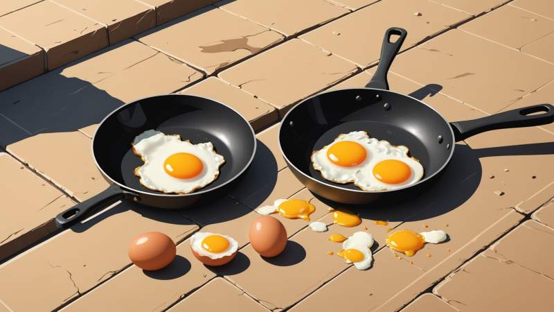 Close-up illustration of eggs frying on a hot Australian sidewalk under warm sunlight, symbolizing the heat of the day.