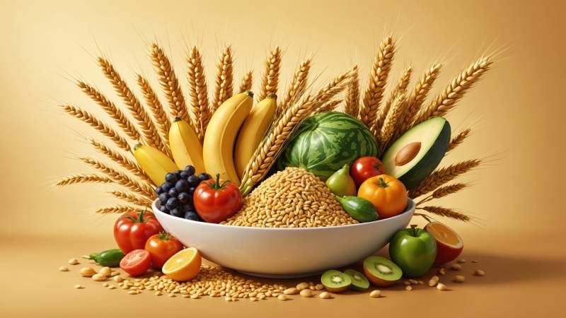 Illustration of staple foods and natural elements symbolizing global food security and nourishment for Australia.