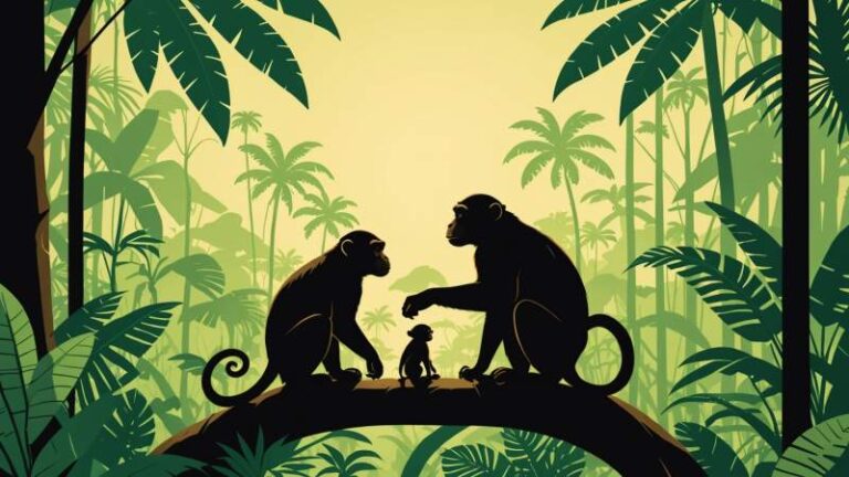 Minimalist illustration of stylized monkeys and tropical elements symbolizing International Monkey Day in Australia.