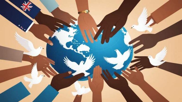 An illustration showing interlocking hands of different skin tones and peace doves symbolizing tolerance with a subtle globe highlighting Australia.
