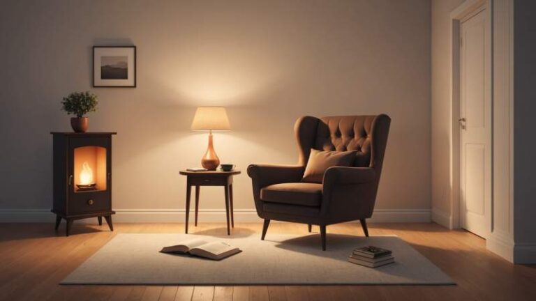 A minimalist illustration of a cozy armchair and a glowing lamp symbolizing introversion and solitude for World Introvert Day in Australia.