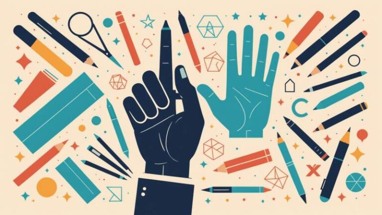 Minimalist illustration of a left hand silhouette with pens and pencils symbolizing International Left-Handers Day in Australia.
