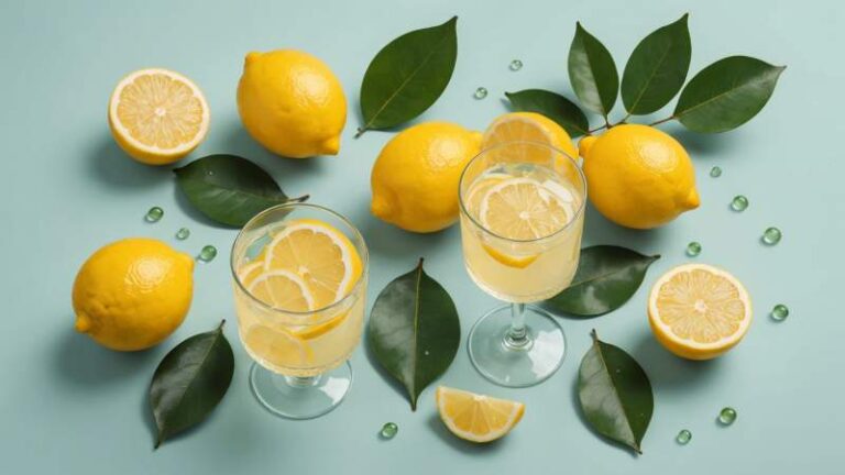 A minimalist illustration of sliced lemons and a glass of lemon juice with eucalyptus leaves symbolizing freshness for Lemon Juice Day in Australia.