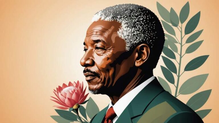An elegant vector illustration showing a stylized silhouette of Nelson Mandela with a protea flower and eucalyptus leaves symbolizing unity and peace for Mandela Day in Australia.