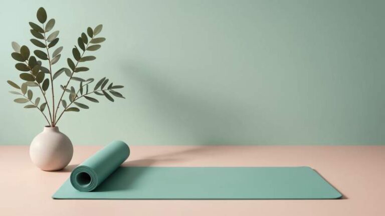 A minimalist illustration of a yoga mat with floating musical notes and an eucalyptus branch symbolizing musical yoga in Australia.