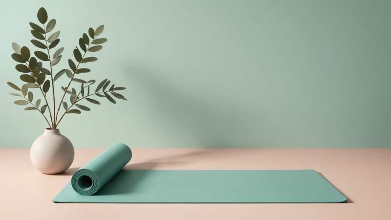 A minimalist illustration of a yoga mat with floating musical notes and an eucalyptus branch symbolizing musical yoga in Australia.