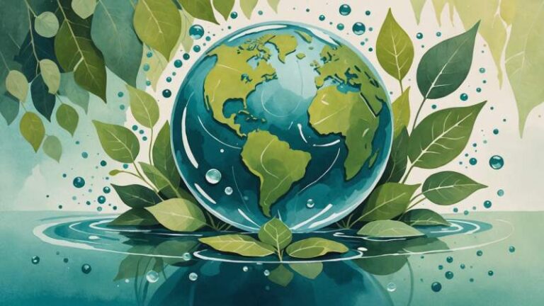 A soft gouache illustration showing eucalyptus leaves, a globe, and water droplets symbolizing nature protection in Australia.